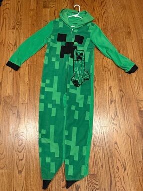 Green Pixel Creeper Kids One-Piece Footie Pajama Hoodie, Child’s Large 12/14